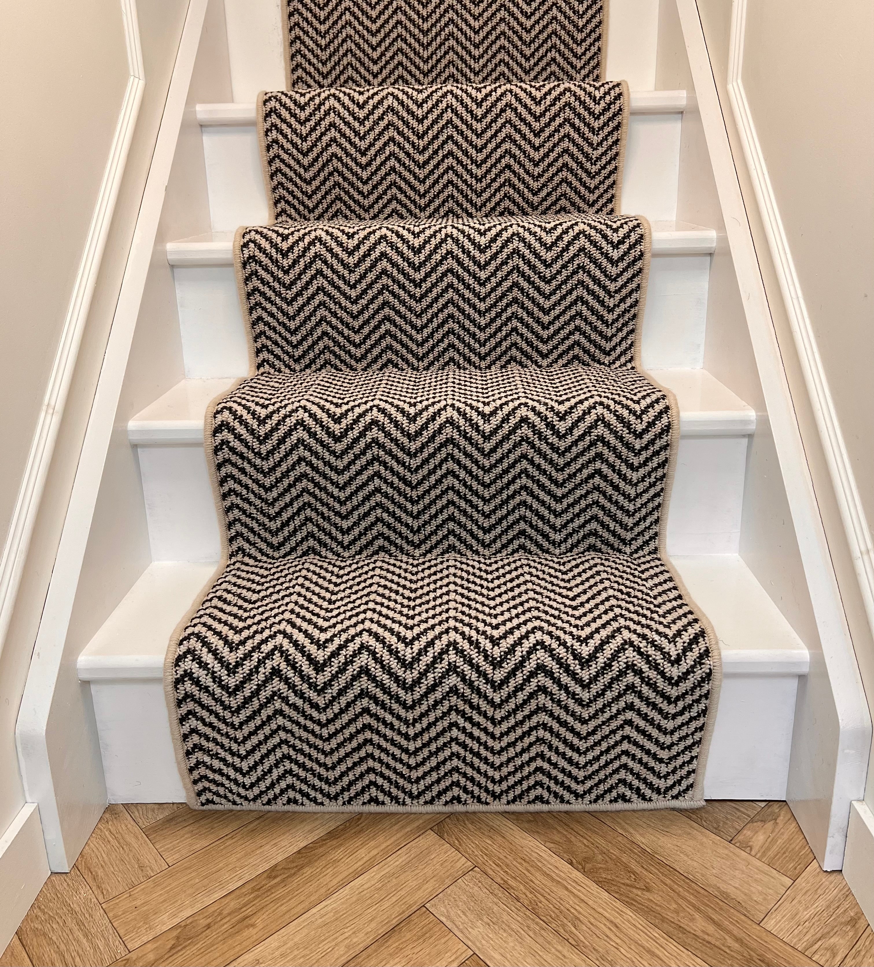 Chile black/greige with a natural wool whipped edge Stair Runner