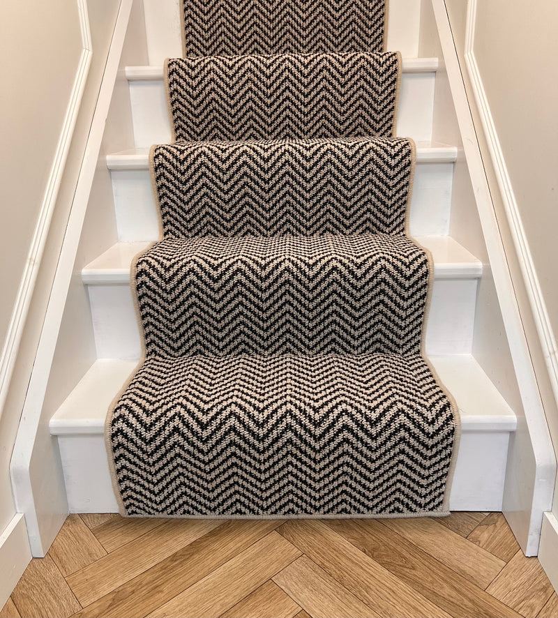 Chile black/greige with a natural wool whipped edge Stair Runner