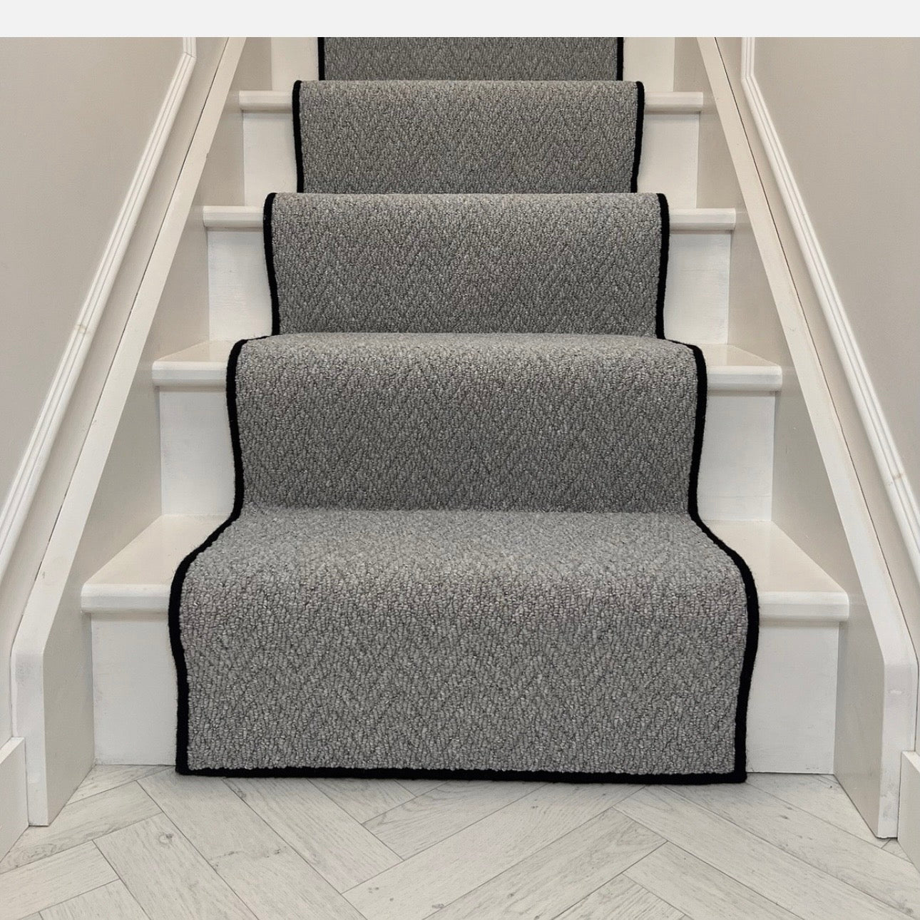 Havanna Light Grey Stair Runner with black wool whipped edge