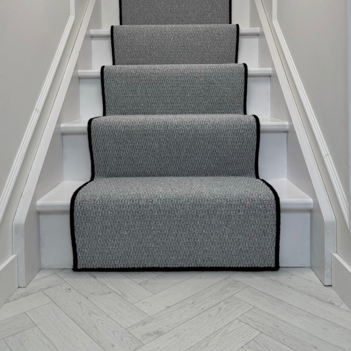 Brasil Light Grey Stair Runner with black wool whipped edge