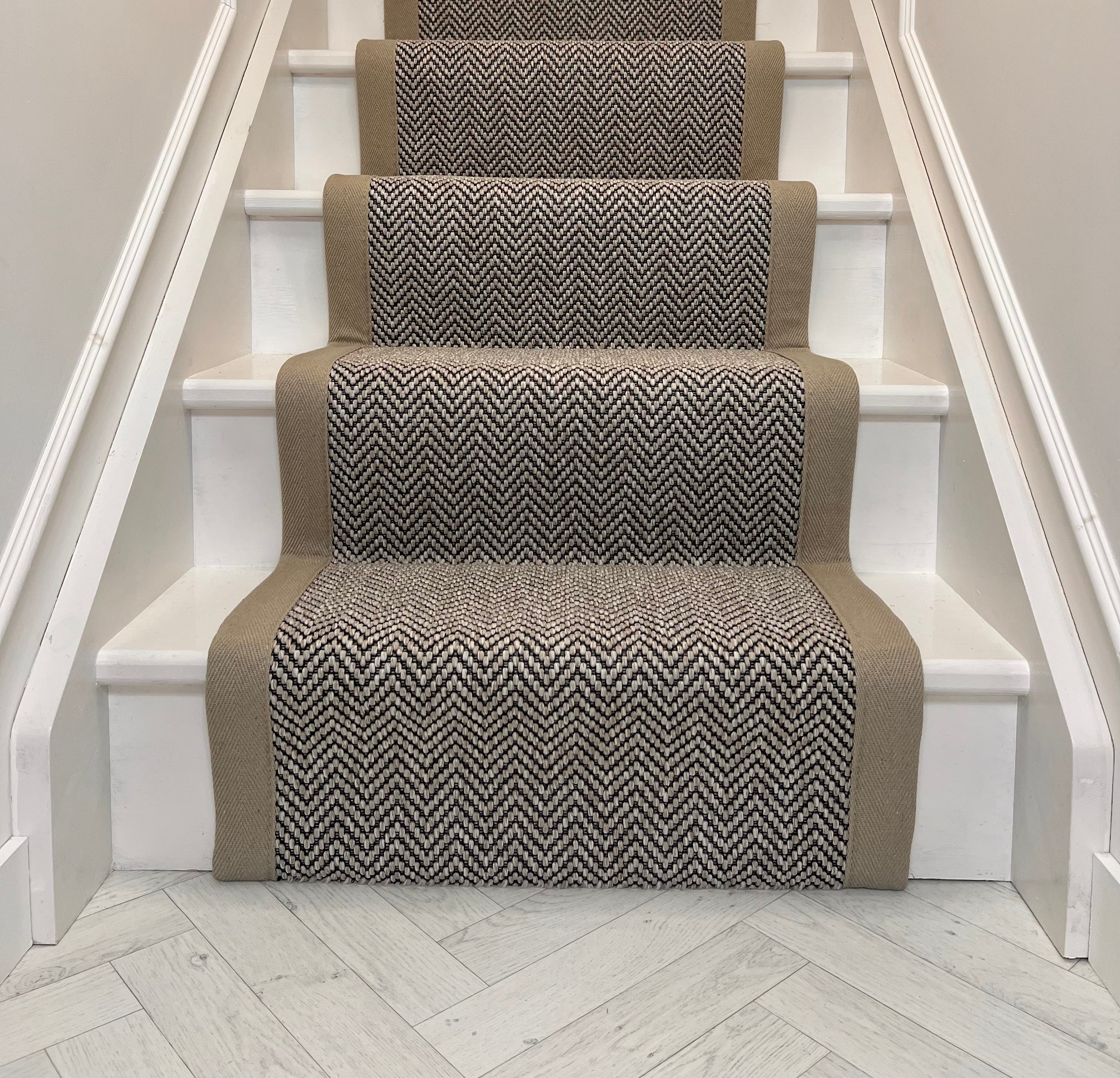 Lewis Abbott Herringbone Carpet Stair Runner with a Oyster Taped Edge